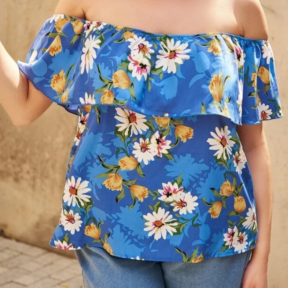 SHEIN Blue Floral Off-Shoulder Blouse